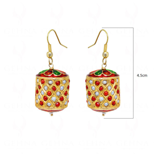 Coral & Pearl Gemstone Studded Earring With Enamel Work LE01-1141