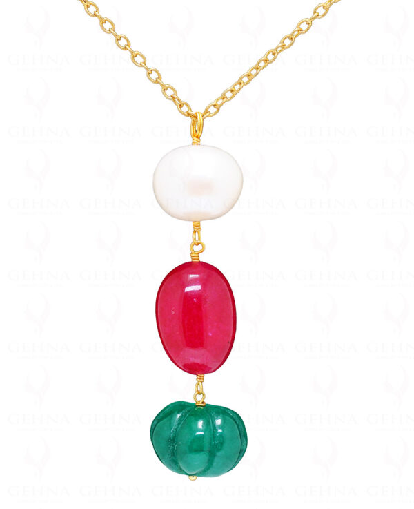 Natural Pearl Ruby & Emerald Melon Shaped Bead Necklace Cm1142