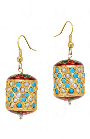 Turquoise & Pearl Gemstone Studded Earrings With Enamel Work LE01-1142