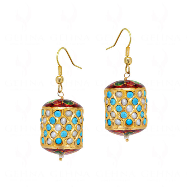 Turquoise & Pearl Gemstone Studded Earrings With Enamel Work LE01-1142