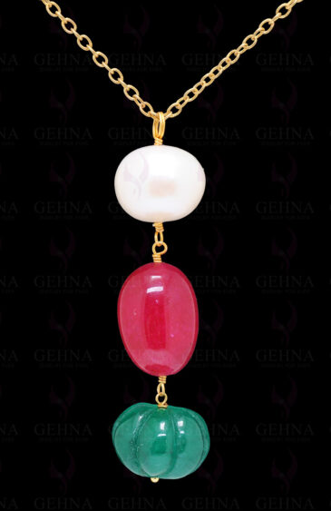 Natural Pearl Ruby & Emerald Melon Shaped Bead Necklace Cm1142
