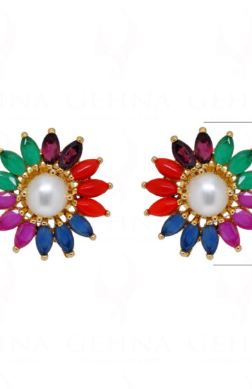 Pearl & Multicolor Studded Flower Shape Earrings FE-1142