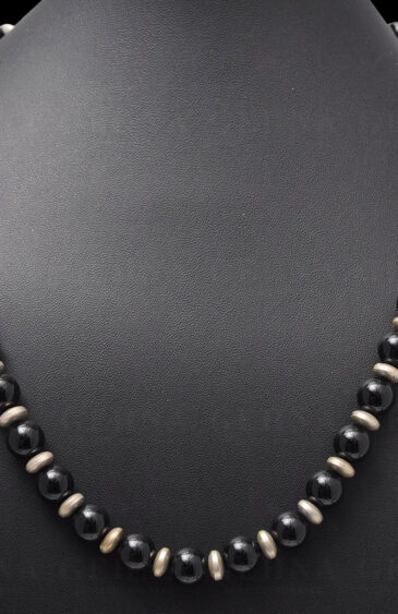 Black Onyx Gemstone Bead Strand With .925 Solid Silver Elements NS-1142