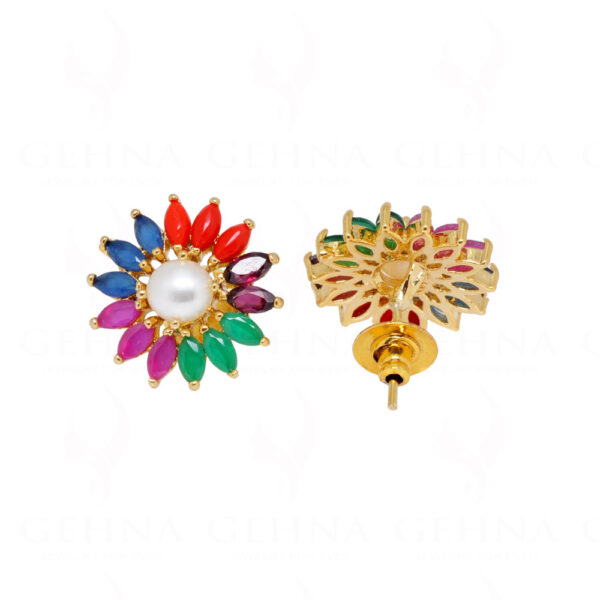 Pearl & Multicolor Studded Flower Shape Earrings FE-1142