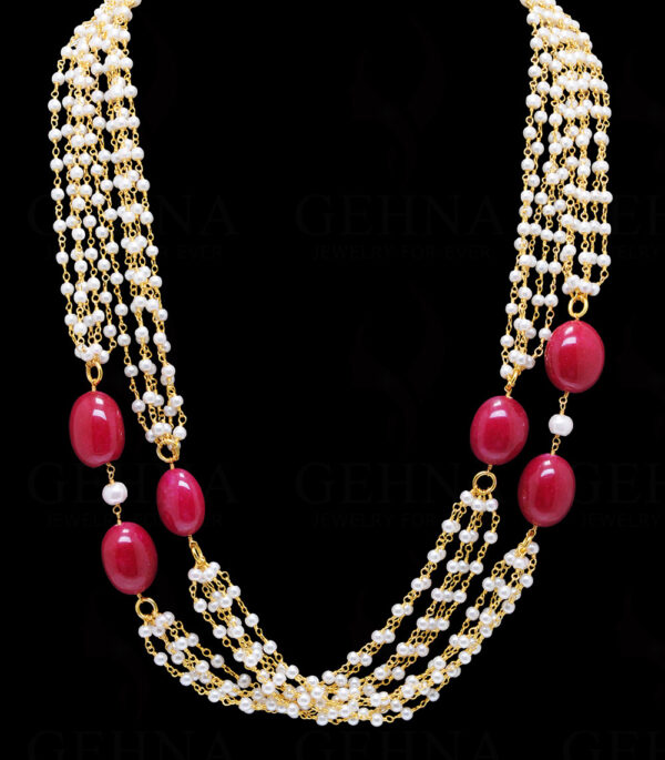 Pearl & Ruby Gemstone Chain Knotted In.925 Sterling Silver Cm1143
