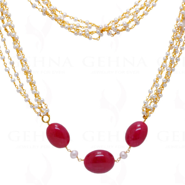 Pearl & Ruby Gemstone Chain Knotted In.925 Sterling Silver Cm1143