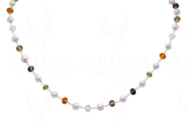 Pearl & Multicolor Gemstone Knotted Chain In .925 Sterling Silver Cm1144