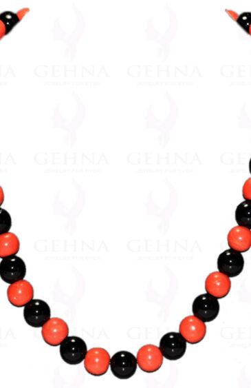 Black Onyx & Coral Gemstone Round Ball Cabochon Bead Necklace NS-1144