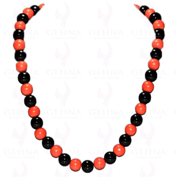 Black Onyx & Coral Gemstone Round Ball Cabochon Bead Necklace NS-1144