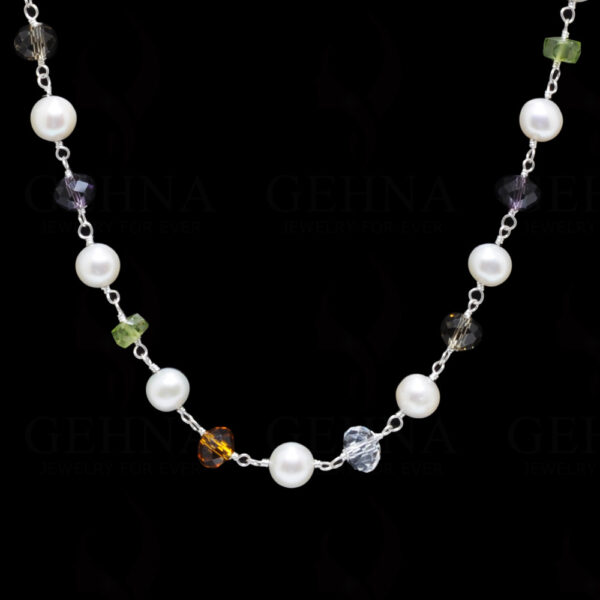 Pearl & Multicolor Gemstone Knotted Chain In .925 Sterling Silver Cm1144