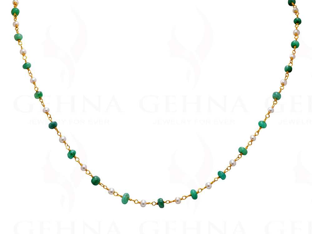 Natural Pearl Emerald Plain Bead Chain In .925 Sterling Silver Cm1145