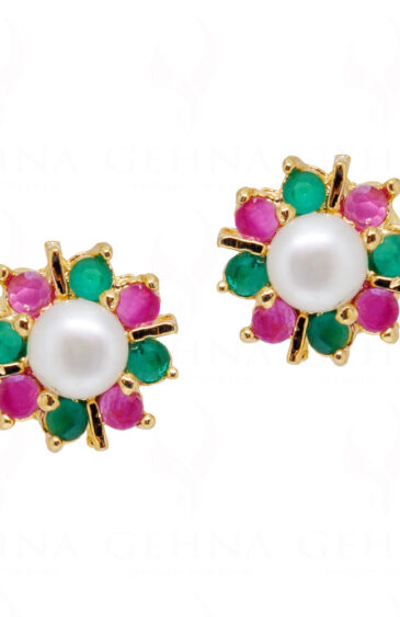 Ruby, Pearl & Emerald Studded Flower Shape Earrings FE-1145