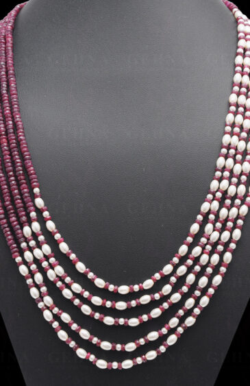 5 Rows Of Pearl & Ruby Gemstone Faceted Bead Necklace NM-1145