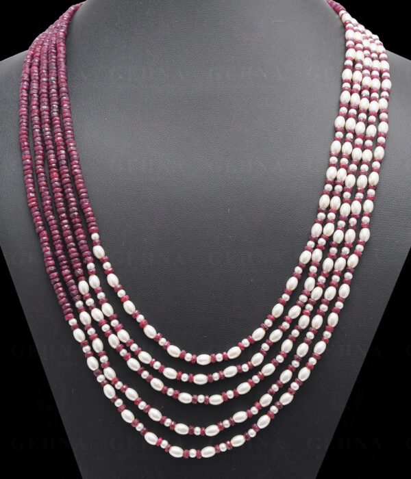 5 Rows Of Pearl & Ruby Gemstone Faceted Bead Necklace NM-1145