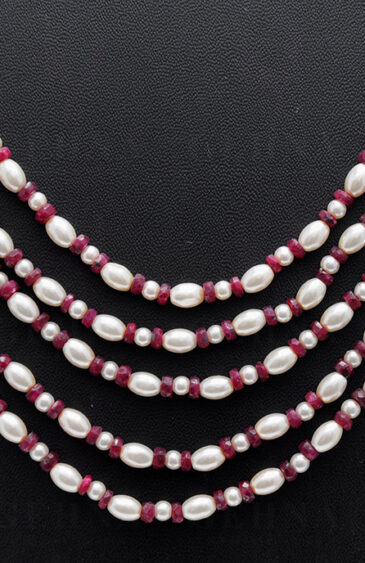 5 Rows Of Pearl & Ruby Gemstone Faceted Bead Necklace NM-1145