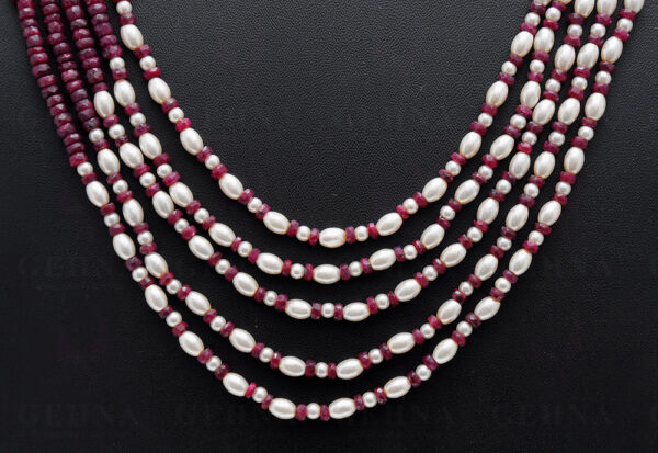 5 Rows Of Pearl & Ruby Gemstone Faceted Bead Necklace NM-1145