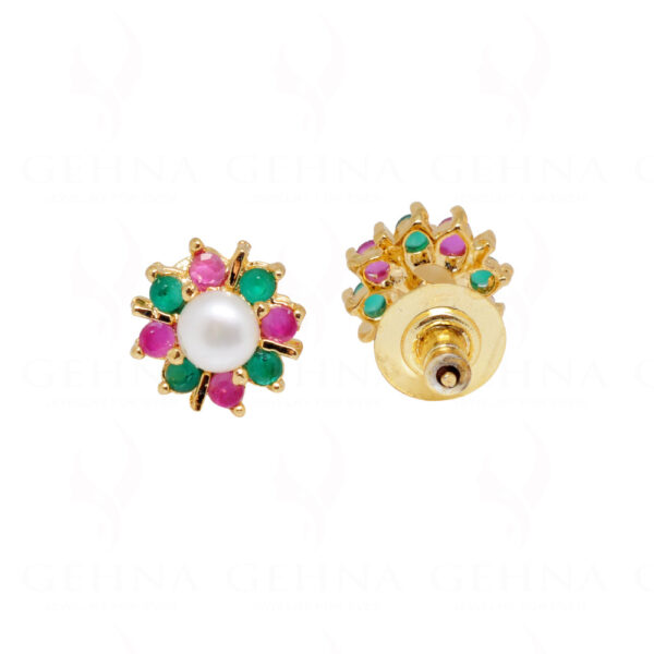 Ruby, Pearl & Emerald Studded Flower Shape Earrings FE-1145