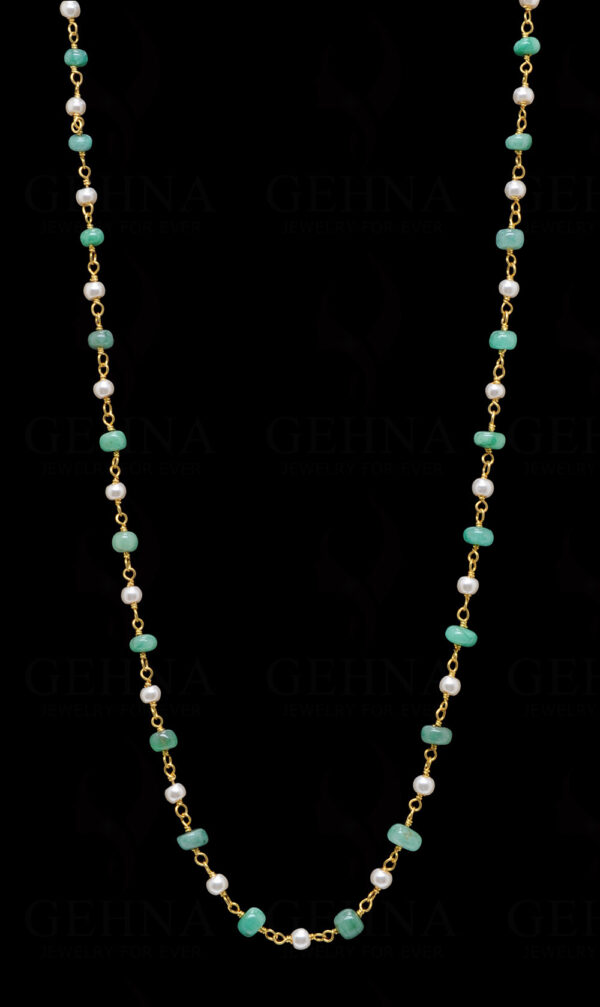 Natural Pearl Emerald Plain Bead Chain In .925 Sterling Silver Cm1145