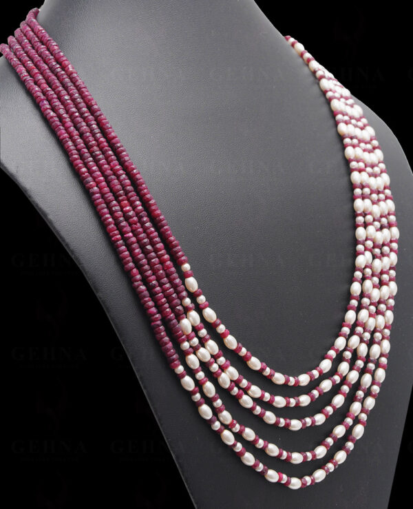 5 Rows Of Pearl & Ruby Gemstone Faceted Bead Necklace NM-1145