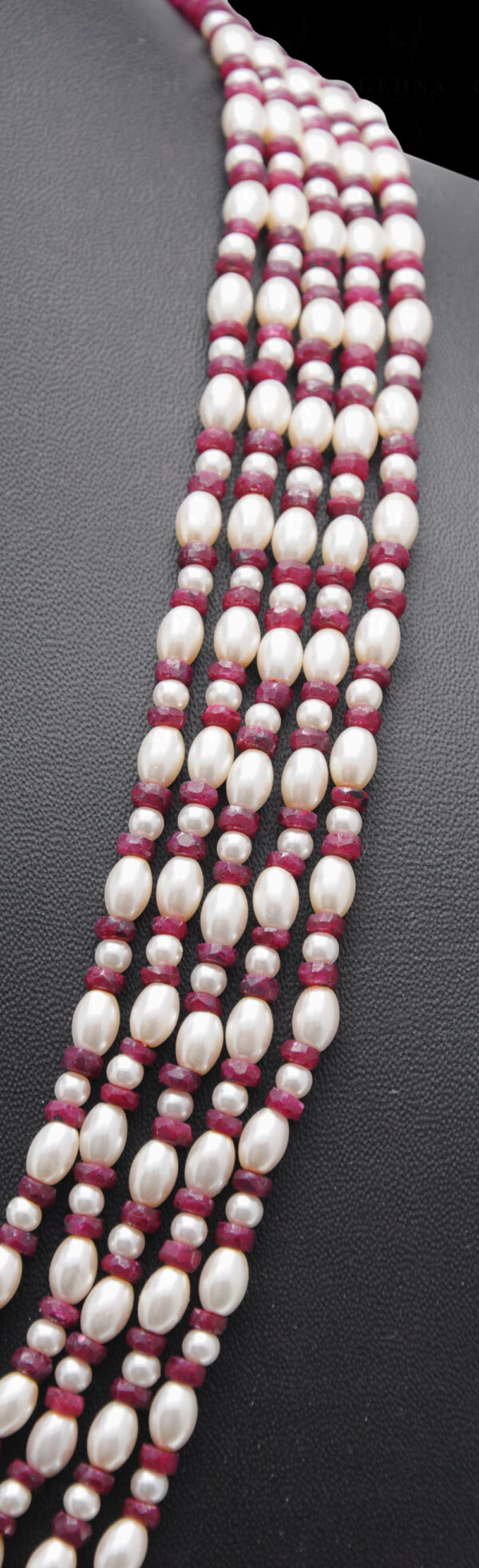 5 Rows Of Pearl & Ruby Gemstone Faceted Bead Necklace NM-1145