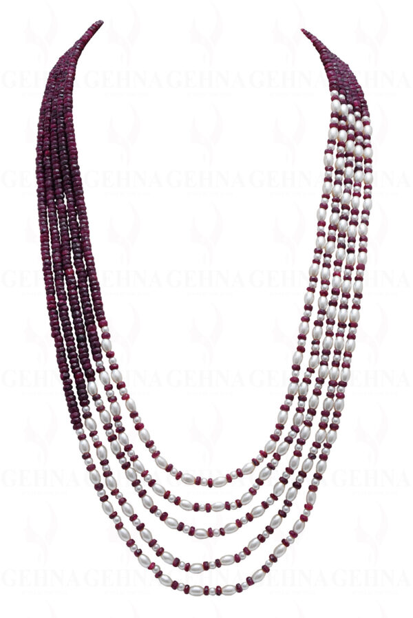 5 Rows Of Pearl & Ruby Gemstone Faceted Bead Necklace NM-1145