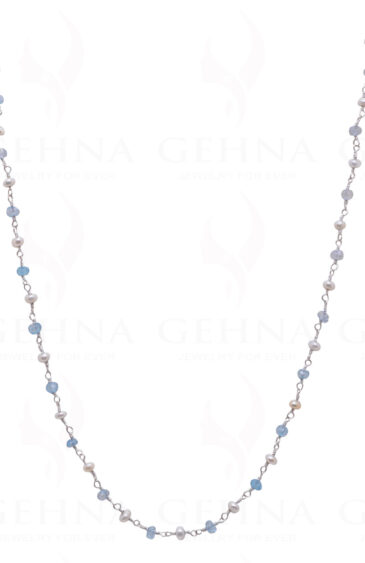 Pearl & Aquamarine Gemstone Plain Bead Chain In .925 Sterling Silver Cm1146