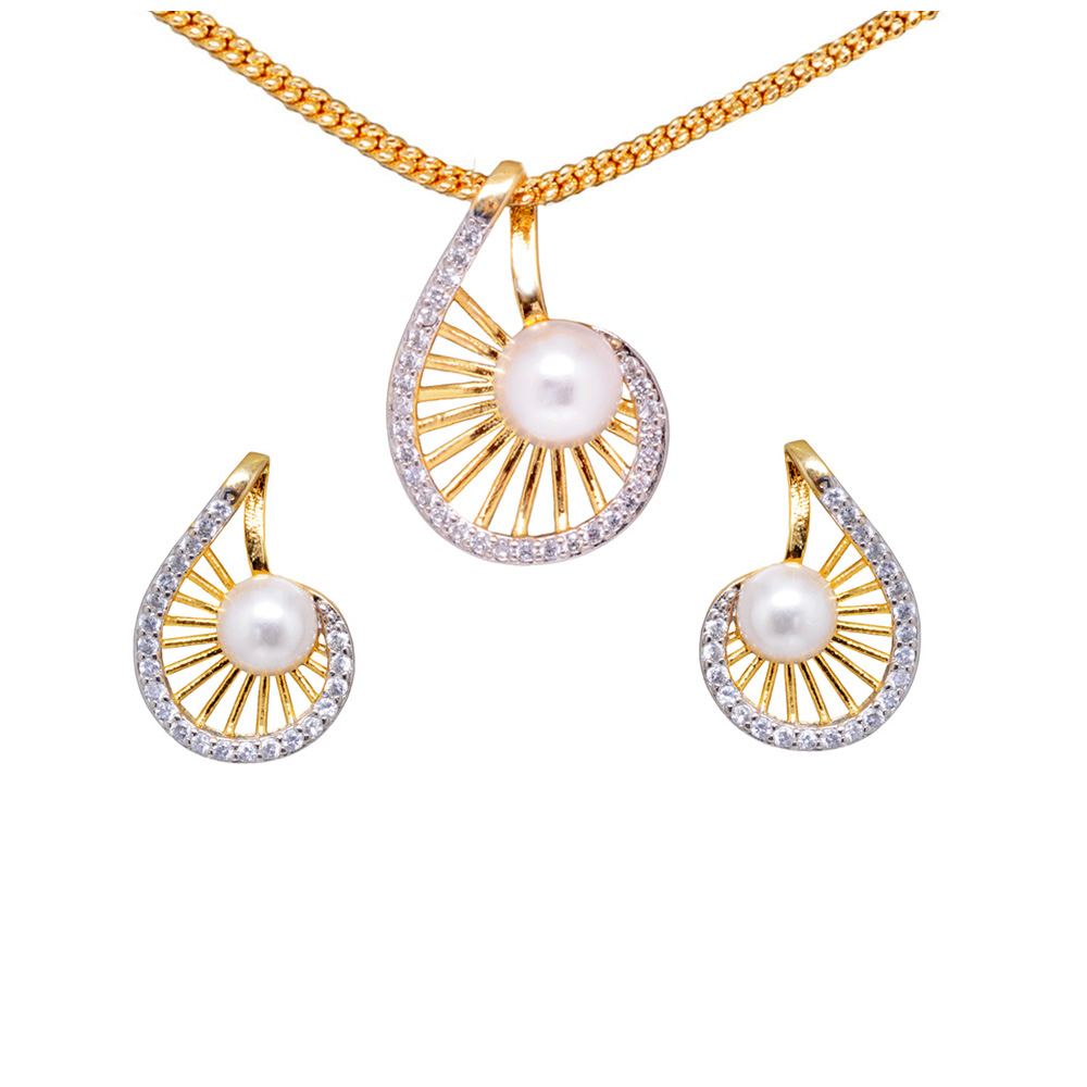 White Pearl & Topaz Studded Elegant Pendant & Earring Set FP-1146