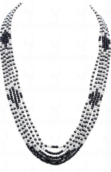 5 Rows Of Pearl & Black Spinel Gemstone Faceted Bead Necklace NM-1146