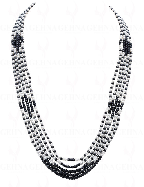 5 Rows Of Pearl & Black Spinel Gemstone Faceted Bead Necklace NM-1146