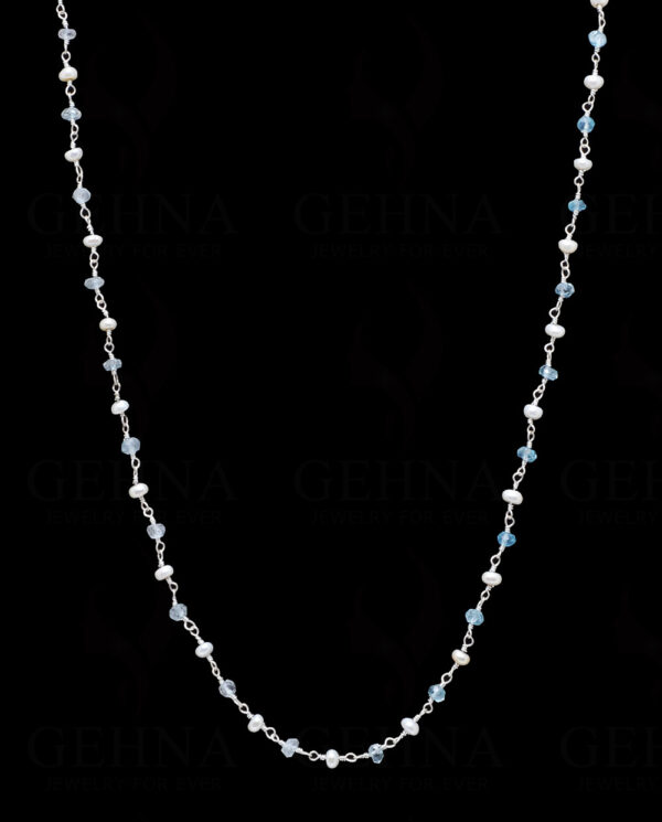 Pearl & Aquamarine Gemstone Plain Bead Chain In .925 Sterling Silver Cm1146