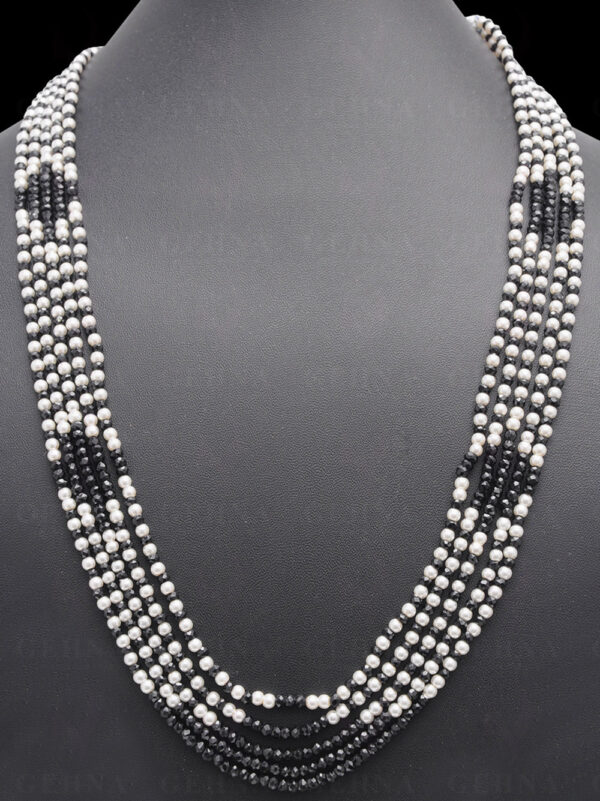 5 Rows Of Pearl & Black Spinel Gemstone Faceted Bead Necklace NM-1146