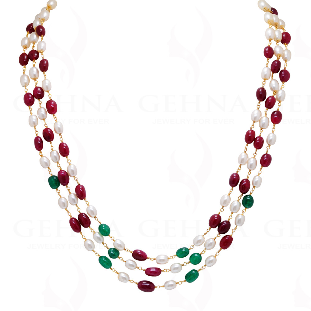 3 Row Emerald Pink Spinel Pearl Chain In .925 Sterling Silver Cm1147