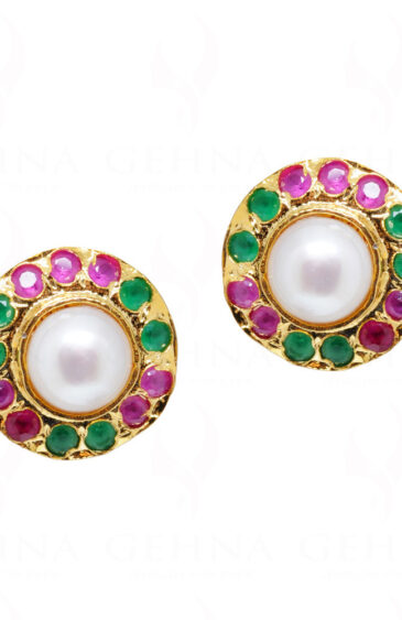 White Pearl, Ruby & Emerald Studded Globe Shaped Earrings FE-1147