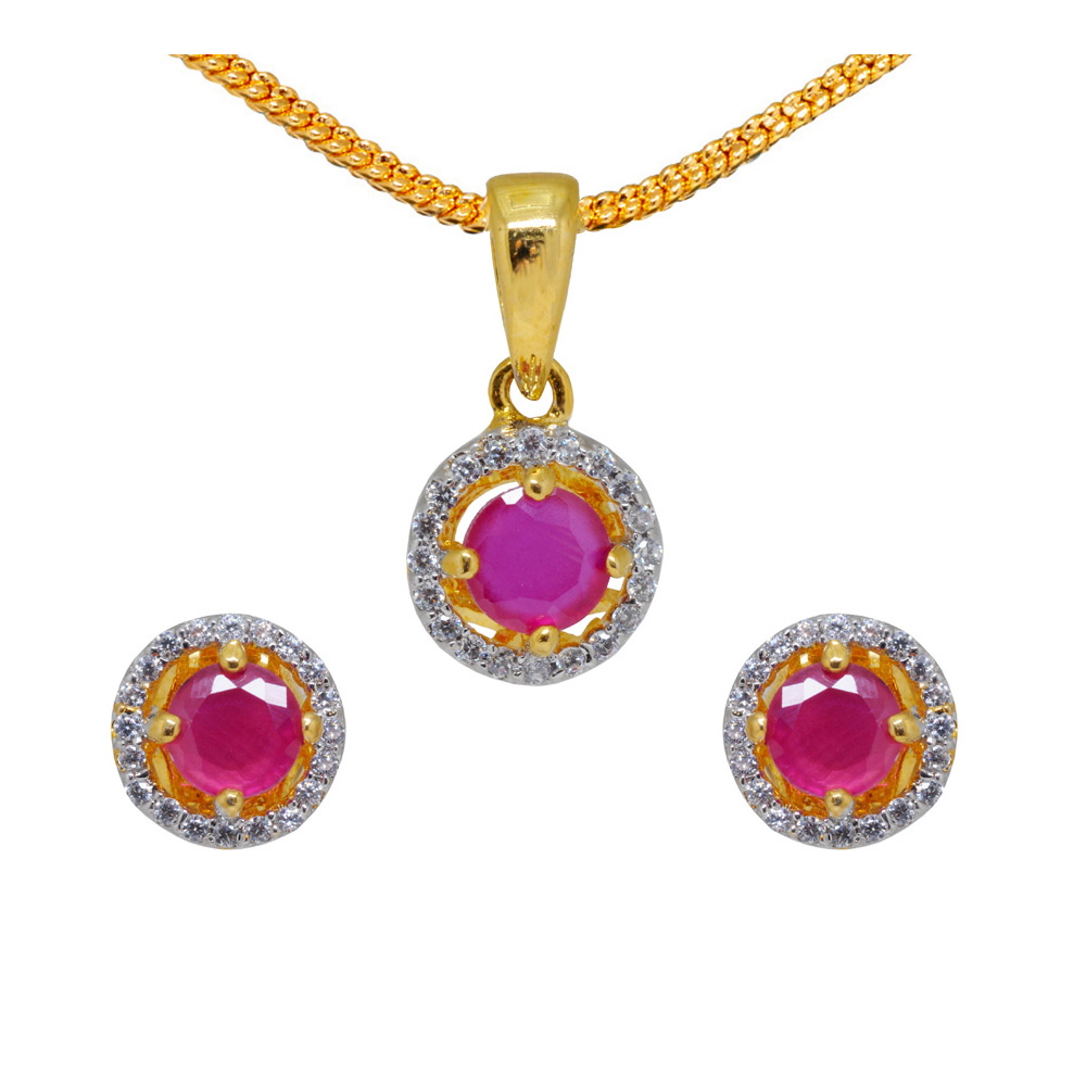 Elegant Ruby & Classic Topaz Studded Round Shaped Pendant & Earring Set FP-1147