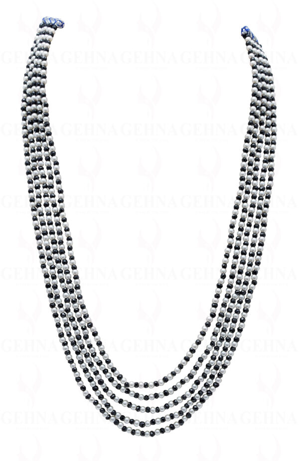 5 Rows Pearl & Black Spinel Gemstone Faceted Bead Necklace NM-1147