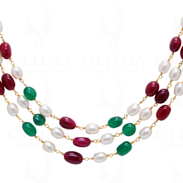 3 Row Emerald Pink Spinel Pearl Chain In .925 Sterling Silver Cm1147