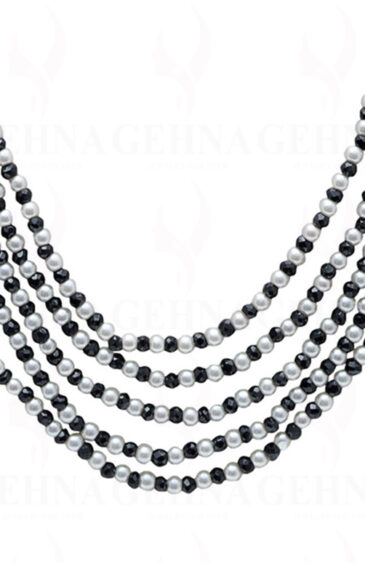5 Rows Pearl & Black Spinel Gemstone Faceted Bead Necklace NM-1147