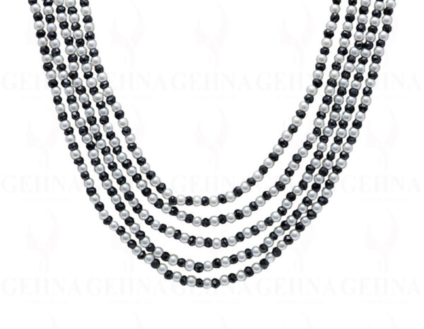 5 Rows Pearl & Black Spinel Gemstone Faceted Bead Necklace NM-1147