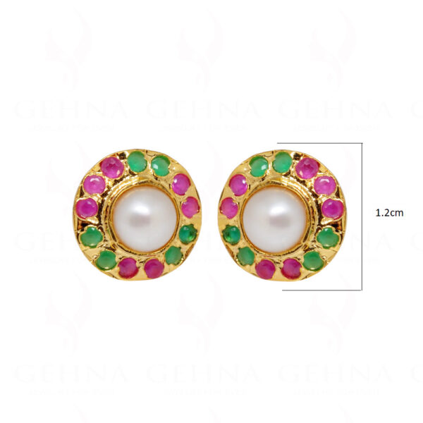 White Pearl, Ruby & Emerald Studded Globe Shaped Earrings FE-1147