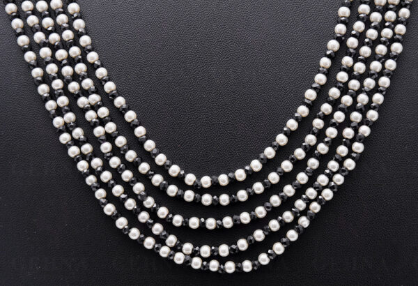 5 Rows Pearl & Black Spinel Gemstone Faceted Bead Necklace NM-1147