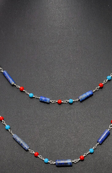 Lapis Lazuli, Coral & Turquoise Gemstone Chain Linked In 925 Silver CS-1149