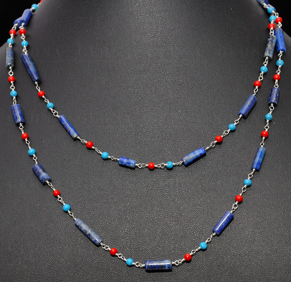 Lapis Lazuli, Coral & Turquoise Gemstone Chain Linked In 925 Silver CS-1149