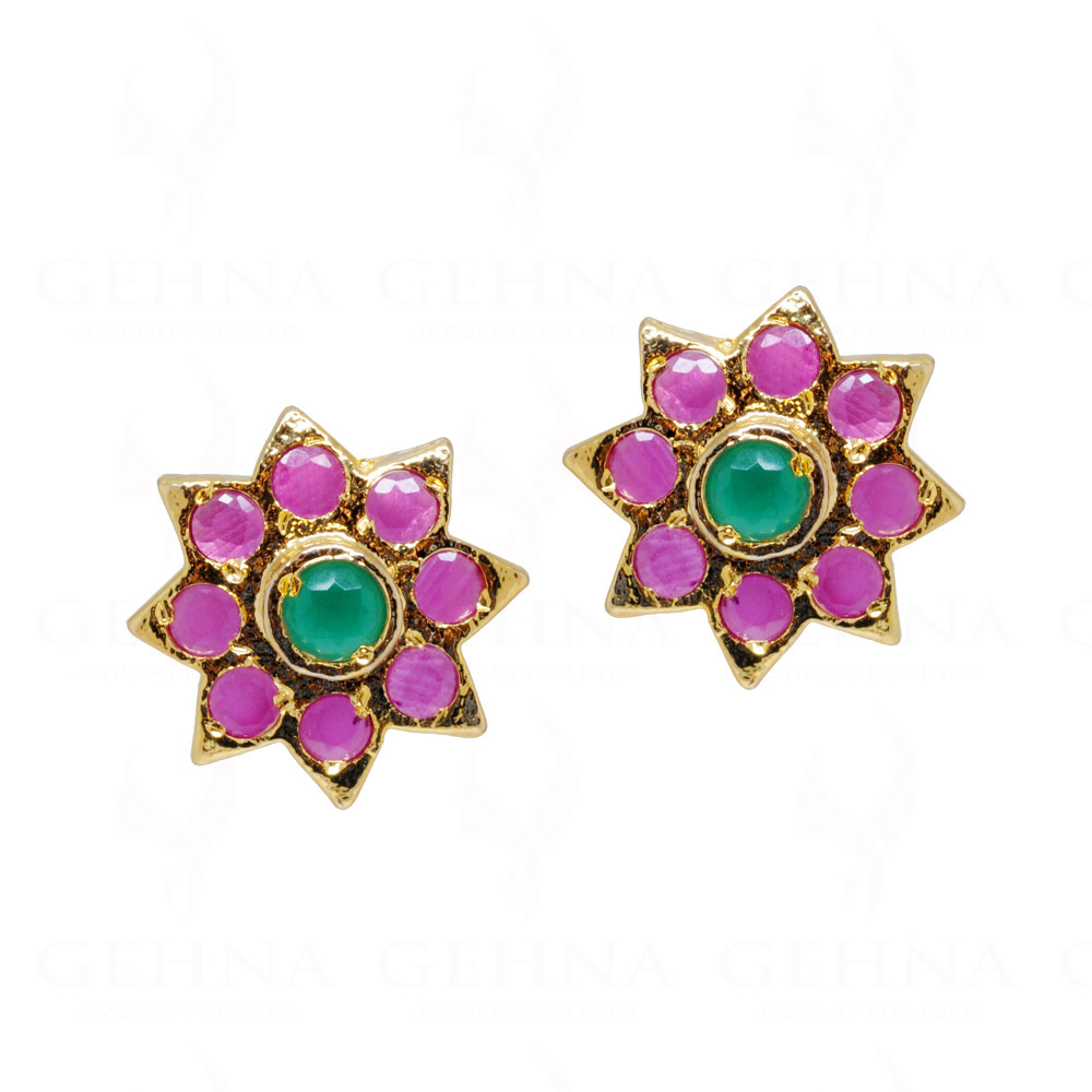 Ruby & Emerald Studded Gold Plated Star Shape Earrings FE-1149