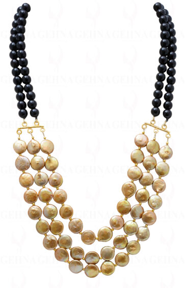 Golden Color Mother Of Pearl & Black Onyx Gemstone Beaded Necklace NM-1149