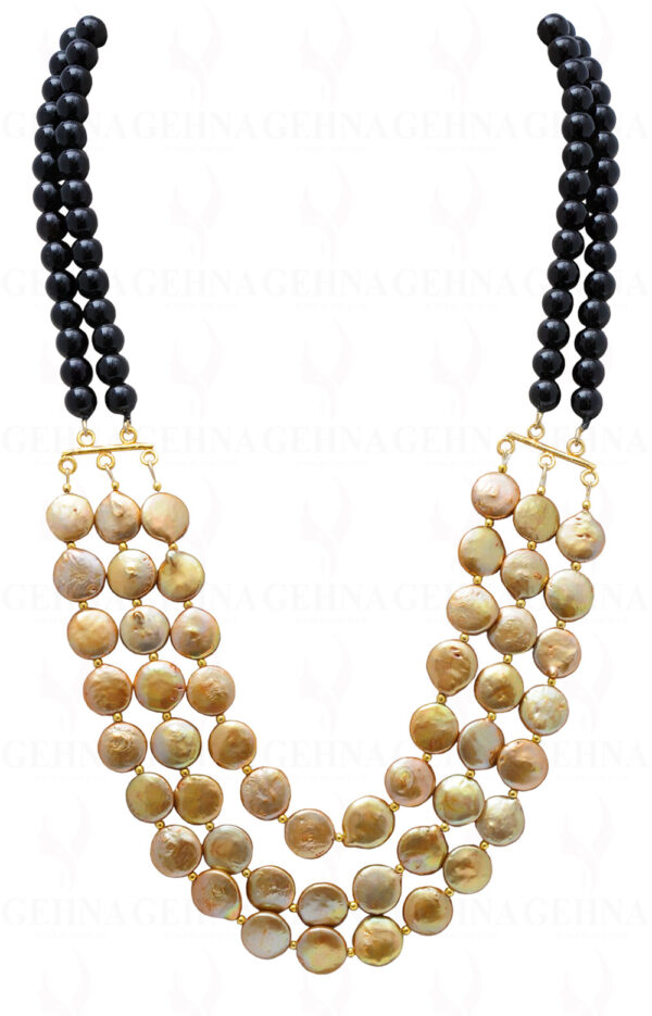 Golden Color Mother Of Pearl & Black Onyx Gemstone Beaded Necklace NM-1149