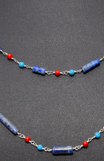 Lapis Lazuli, Coral & Turquoise Gemstone Chain Linked In 925 Silver CS-1149