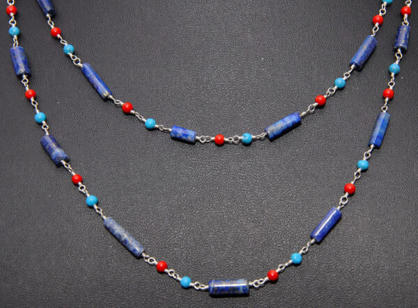 Lapis Lazuli, Coral & Turquoise Gemstone Chain Linked In 925 Silver CS-1149