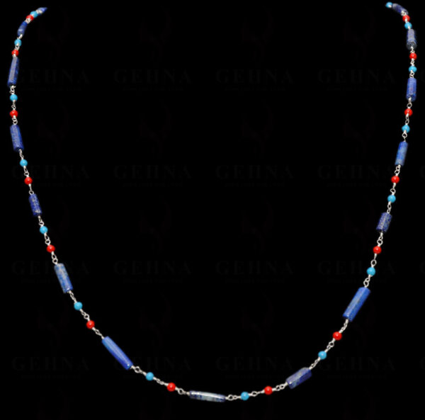 Lapis Lazuli, Coral & Turquoise Gemstone Chain Linked In 925 Silver CS-1149