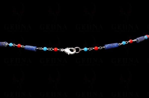 Lapis Lazuli, Coral & Turquoise Gemstone Chain Linked In 925 Silver CS-1149