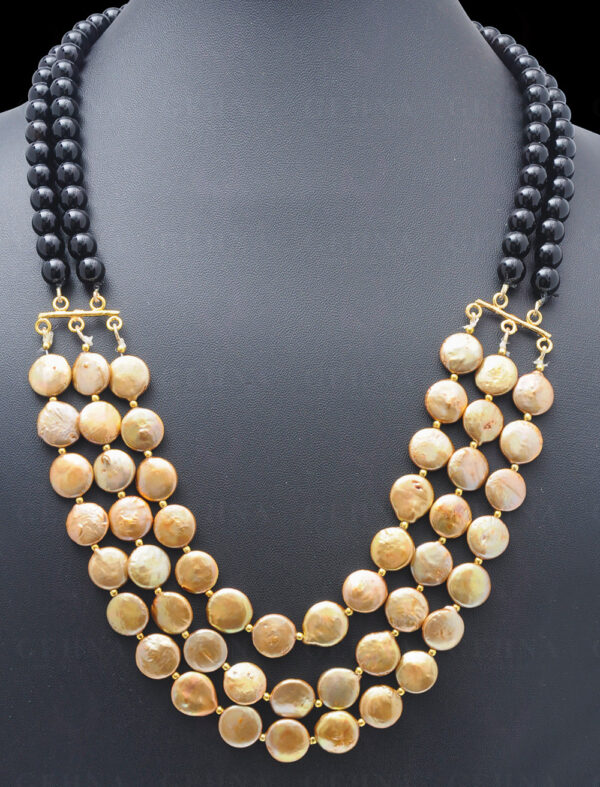 Golden Color Mother Of Pearl & Black Onyx Gemstone Beaded Necklace NM-1149